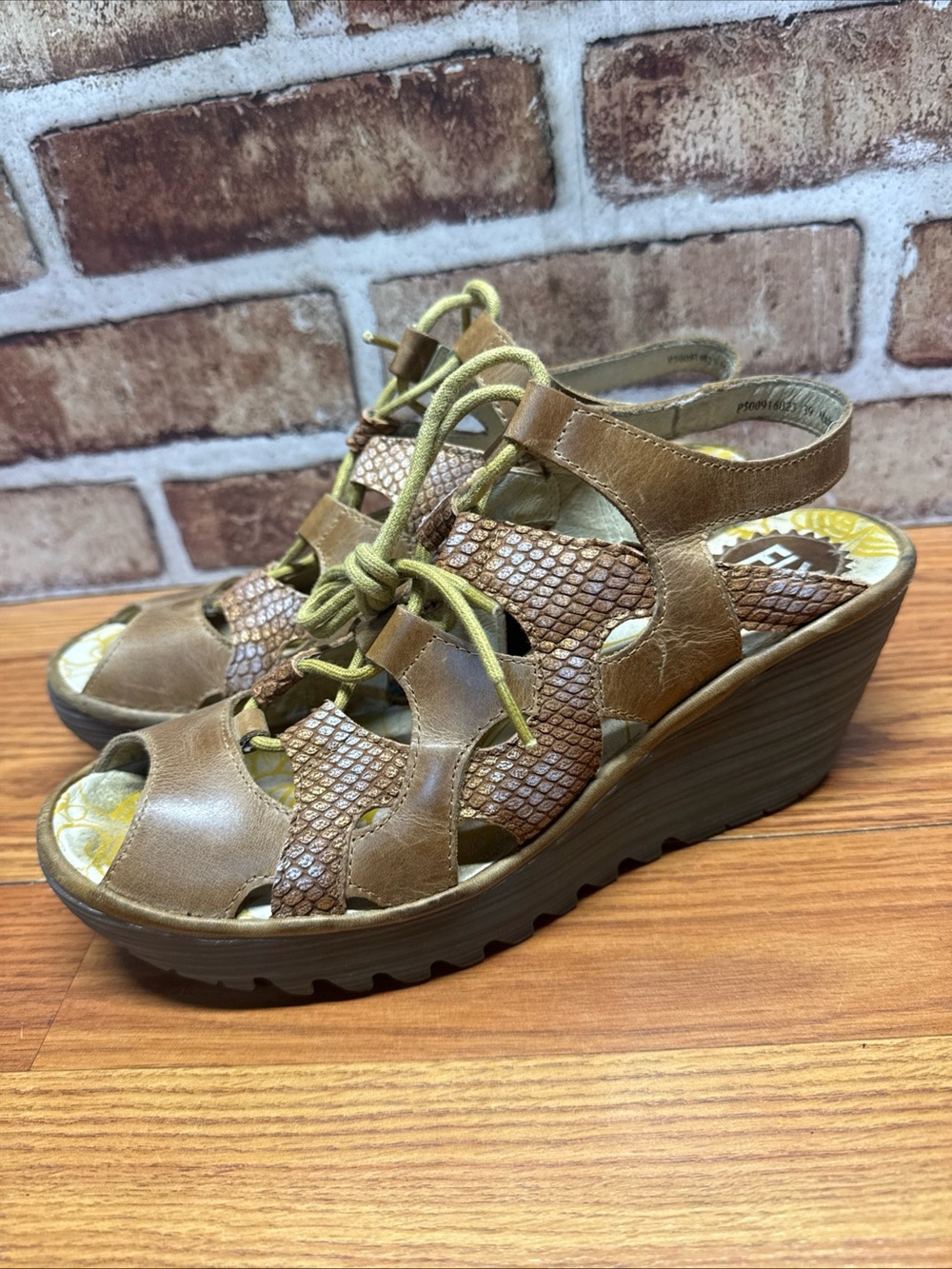 Fly London Yexa Tan Metallic Lace Up Wedge Sandals Size 39 (US 8)
